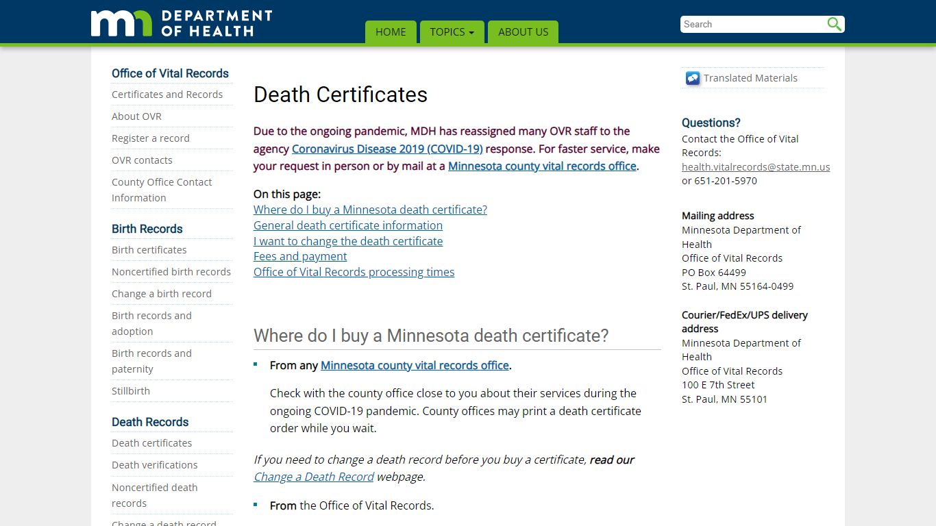 Death Certificates - Minnesota Dept. of Health